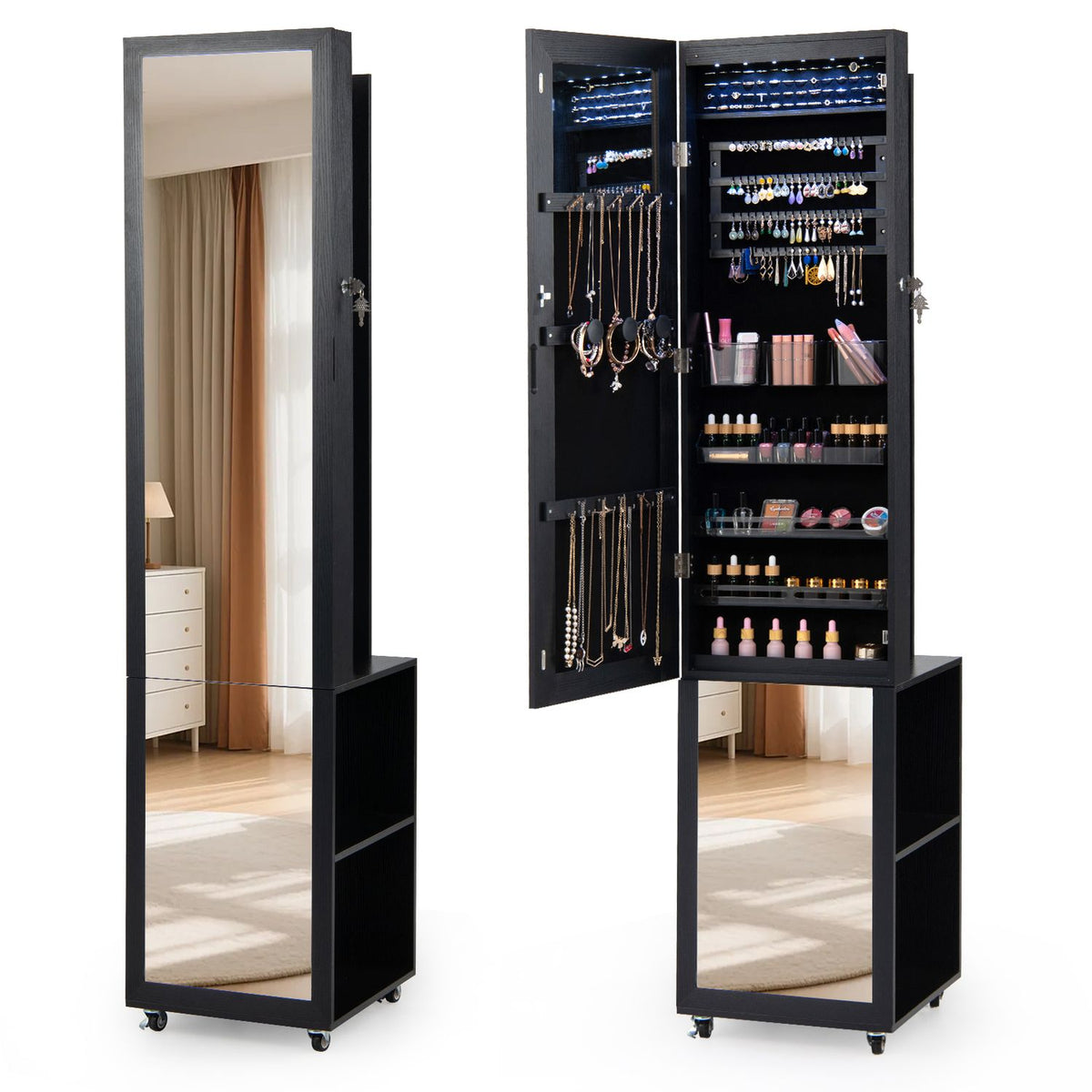 Black jewelry armoire with a mirrored front, shown open to display jewelry and small items on its interior shelves.