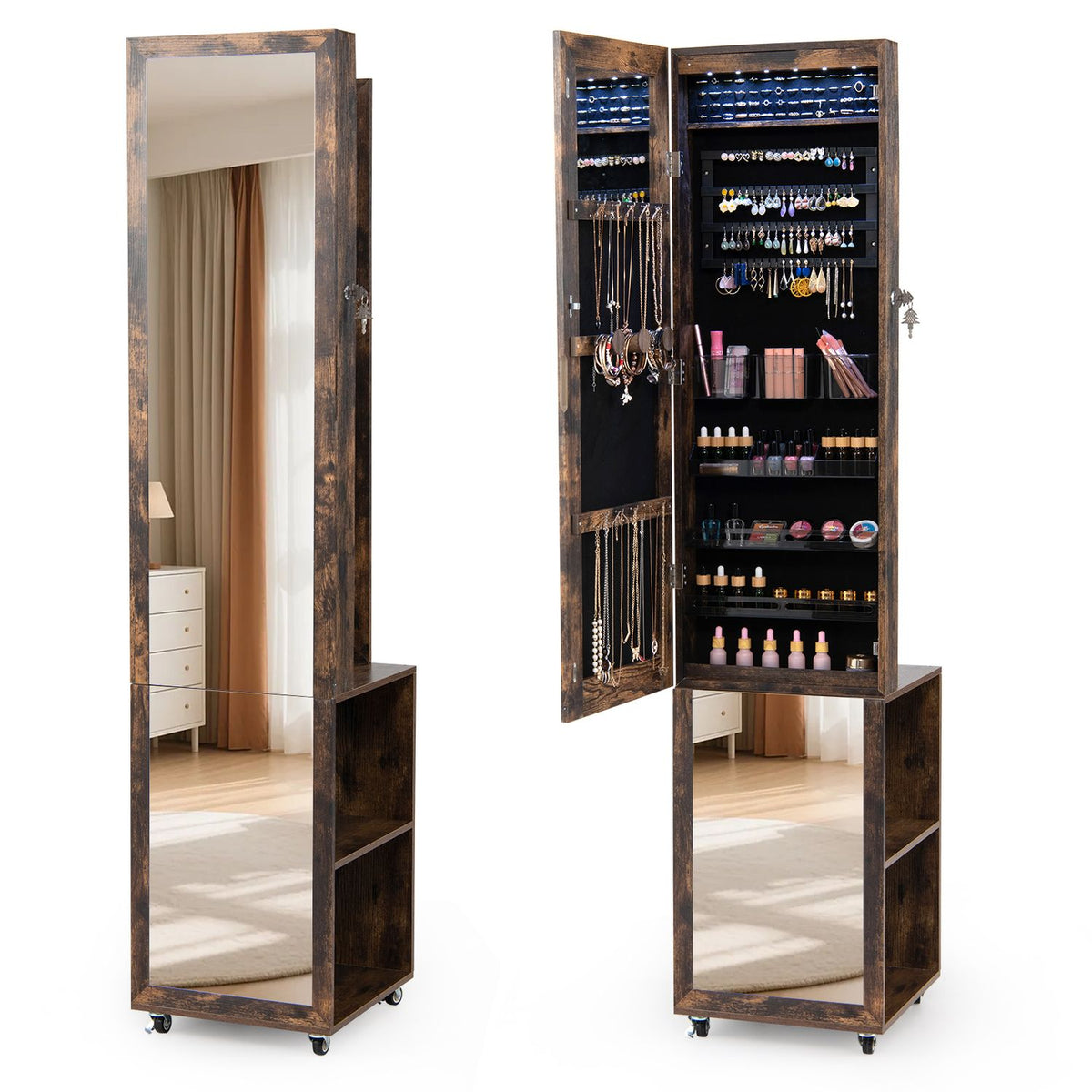 Brown wood-look jewelry armoire shown closed with a full-length mirror and open with jewelry and cosmetics inside.