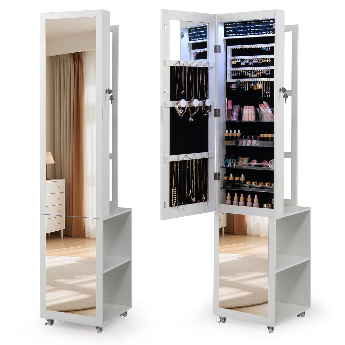 White jewelry armoire shown closed and open, revealing hanging jewelry, shelves, and cosmetics.