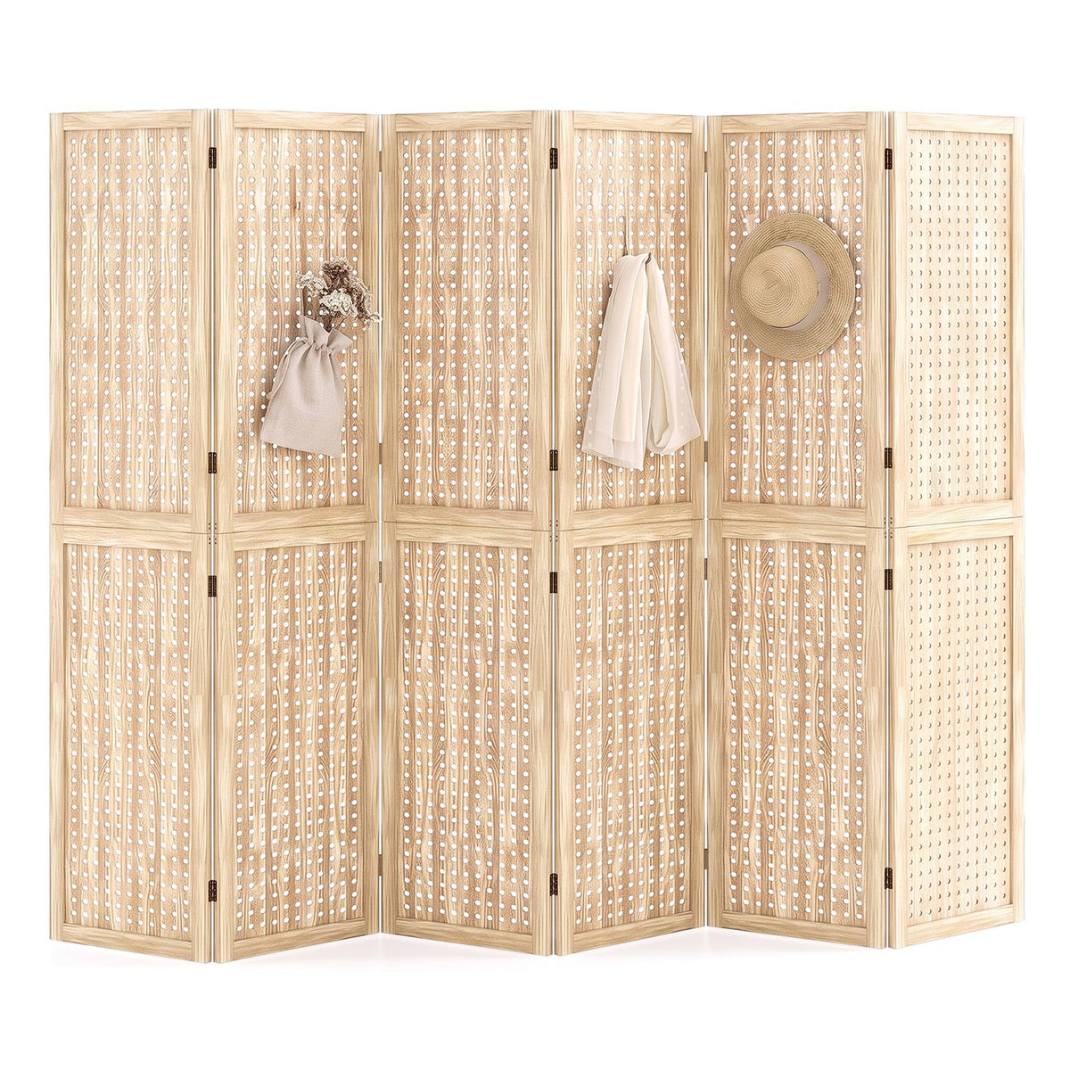 Light wood folding divider shown against a white background with a few garments and accessories hanging on it.