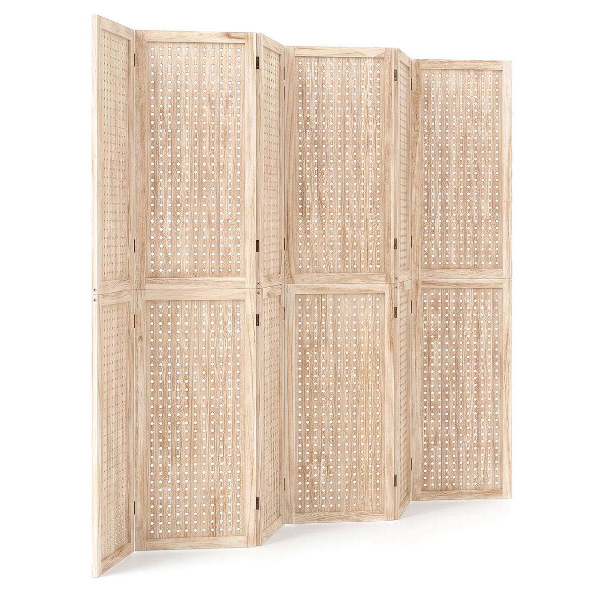 Unadorned perforated wooden folding divider shown partially folded against a white background.