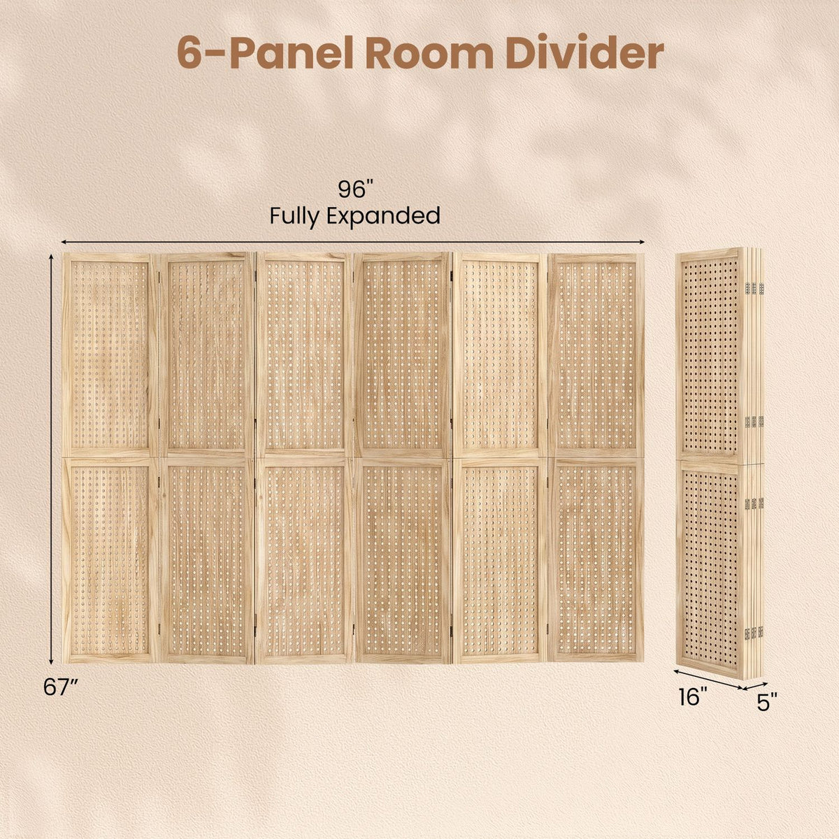 Six-panel wooden divider shown fully open and folded beside dimension arrows.