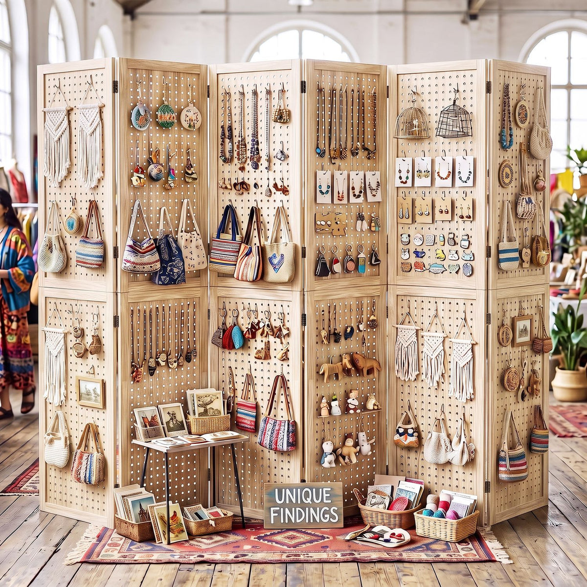 Six-panel wooden divider displayed as a shop screen with bags, jewelry, and other items hanging from it.