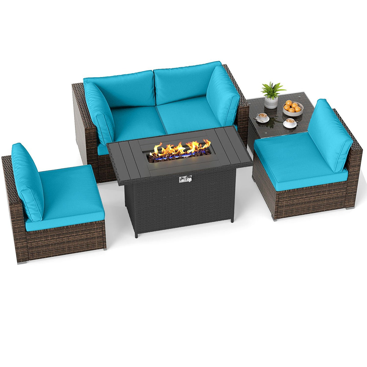 Turquoise-cushioned patio chairs and loveseat arranged around a fire pit table against a white background.