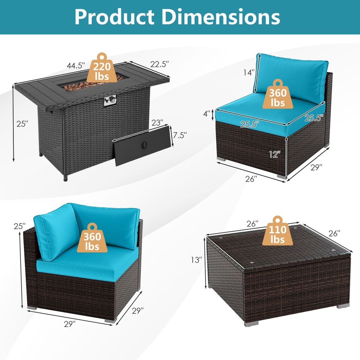Diagram showing the fire pit table and individual patio seats with measurement callouts.
