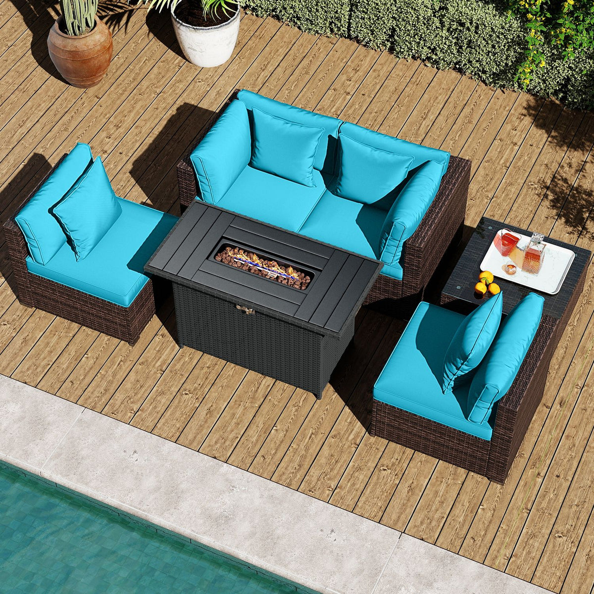 6 Pieces Patio Furniture Set with 50 000 BTU Gas Fire Pit Coffee Table and Cushions for Garden