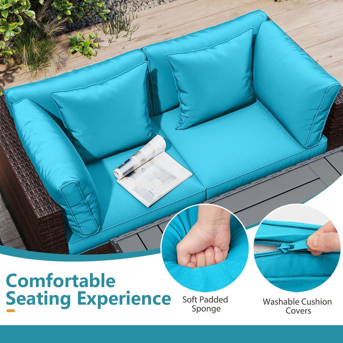 Close view of a turquoise loveseat with loose cushions, plus inset images showing a cushion and its zipper.