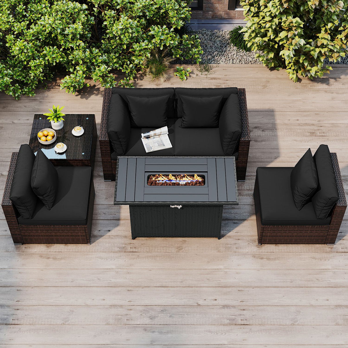6 Pieces Patio Furniture Set with 50 000 BTU Gas Fire Pit Coffee Table and Cushions for Garden