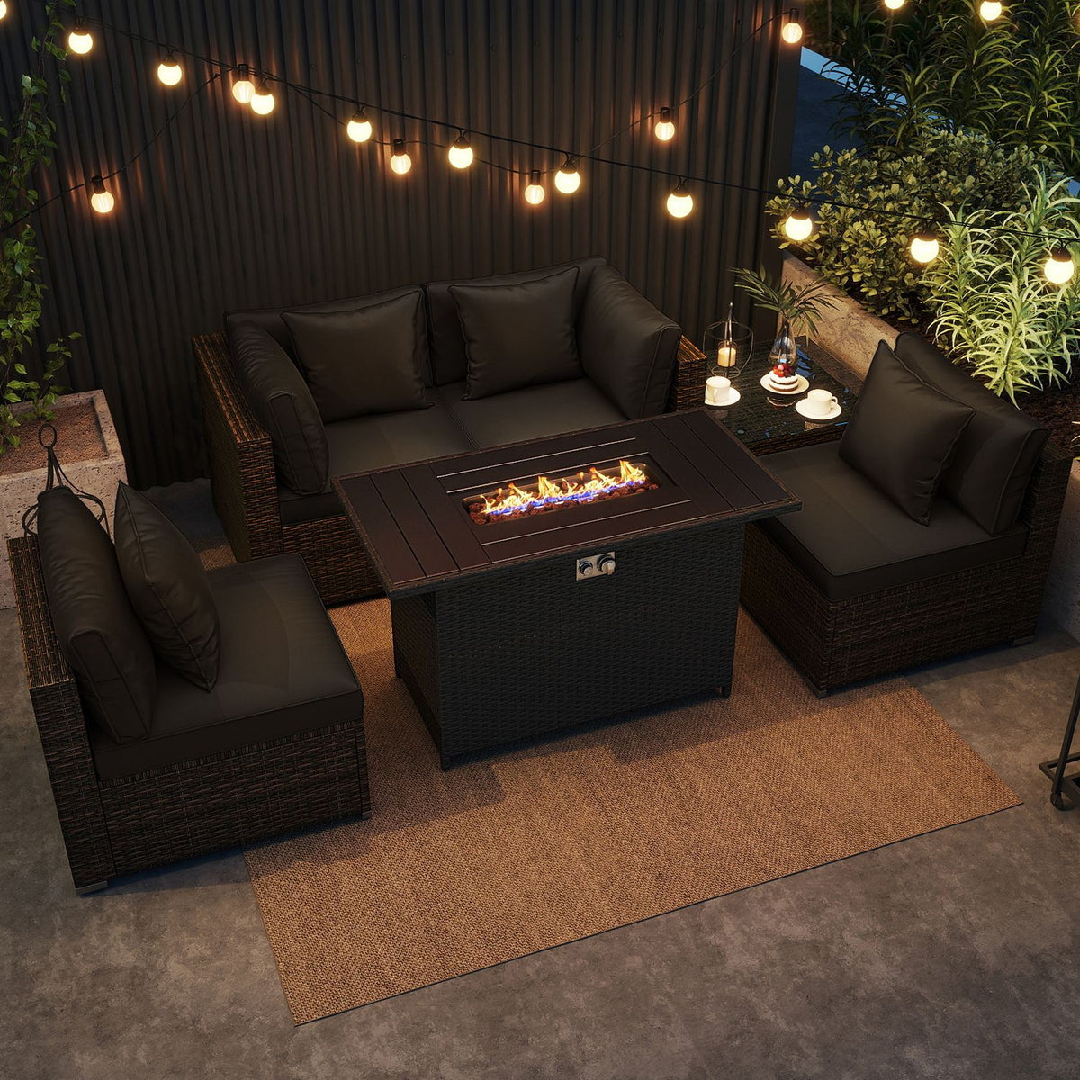 6 Pieces Patio Furniture Set with 50 000 BTU Gas Fire Pit Coffee Table and Cushions for Garden