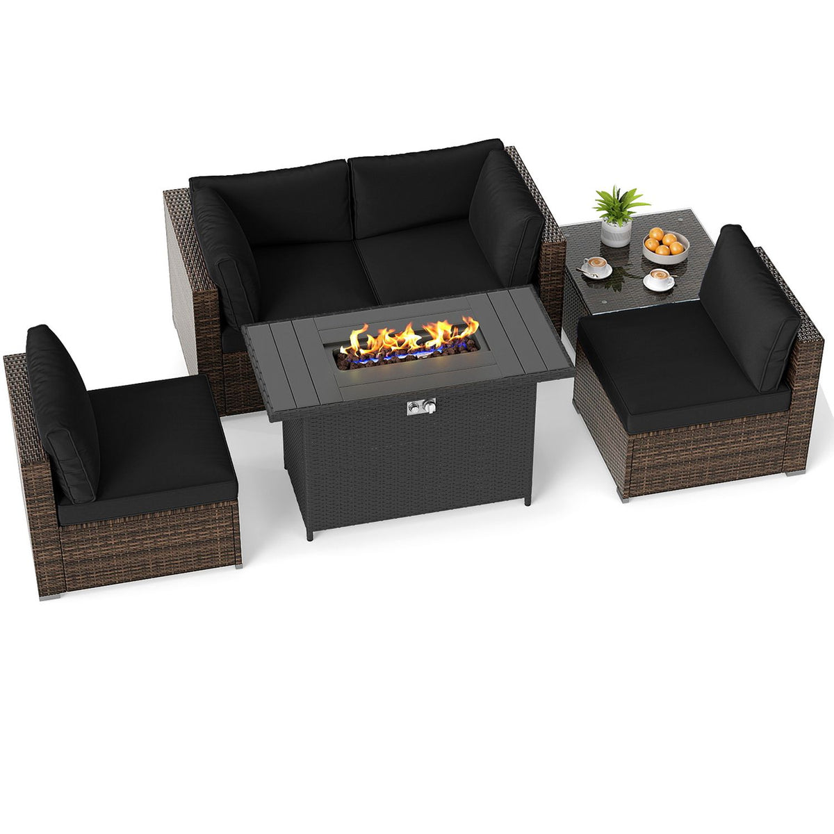 Patio seating and a lit fire pit table shown against a plain white background.