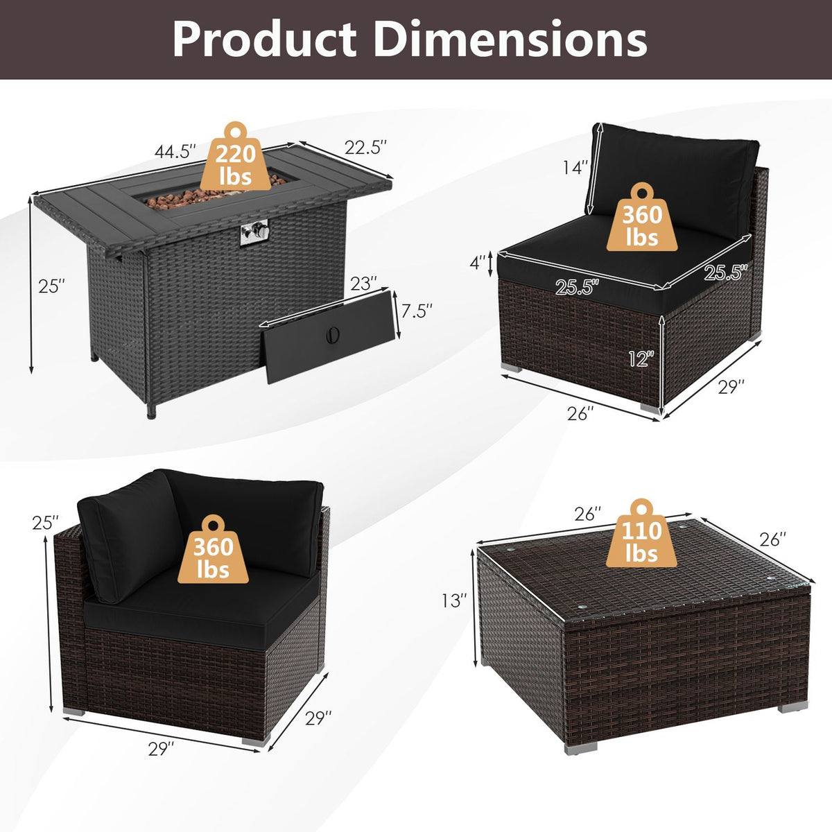Diagram showing measurements and weight labels for the fire pit table and seating pieces.