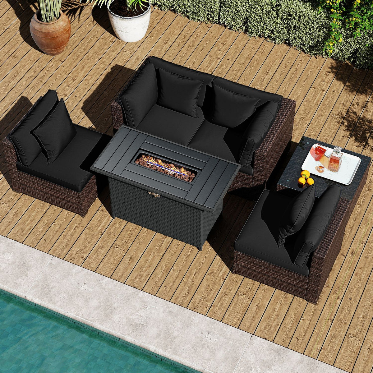 6 Pieces Patio Furniture Set with 50 000 BTU Gas Fire Pit Coffee Table and Cushions for Garden