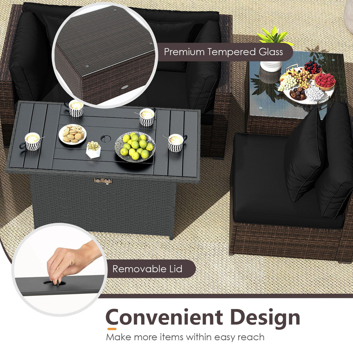 6 Pieces Patio Furniture Set with 50 000 BTU Gas Fire Pit Coffee Table and Cushions for Garden