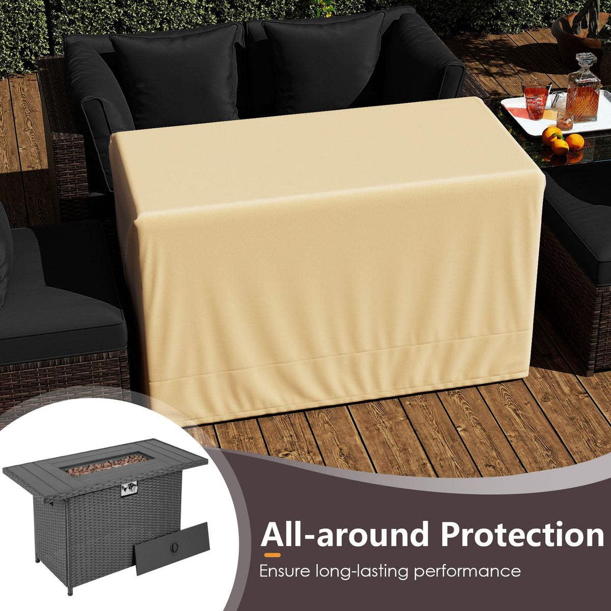 A beige cover drapes over the fire pit table, with an inset showing the uncovered table and a detached panel.