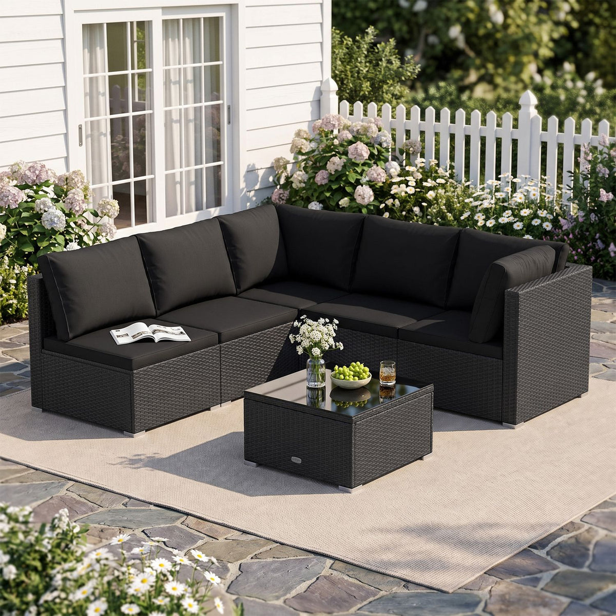 6 Pieces Patio Rattan Furniture Set with Cushions and Glass Coffee Table