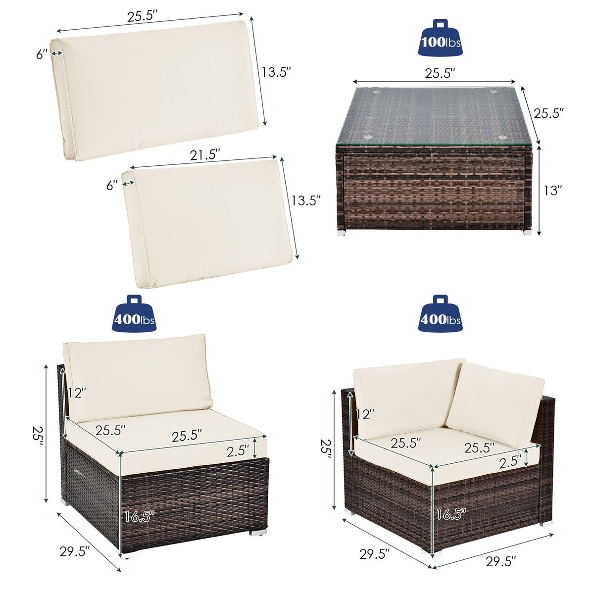 6 Pieces Patio Rattan Furniture Set with Cushions and Glass Coffee Table