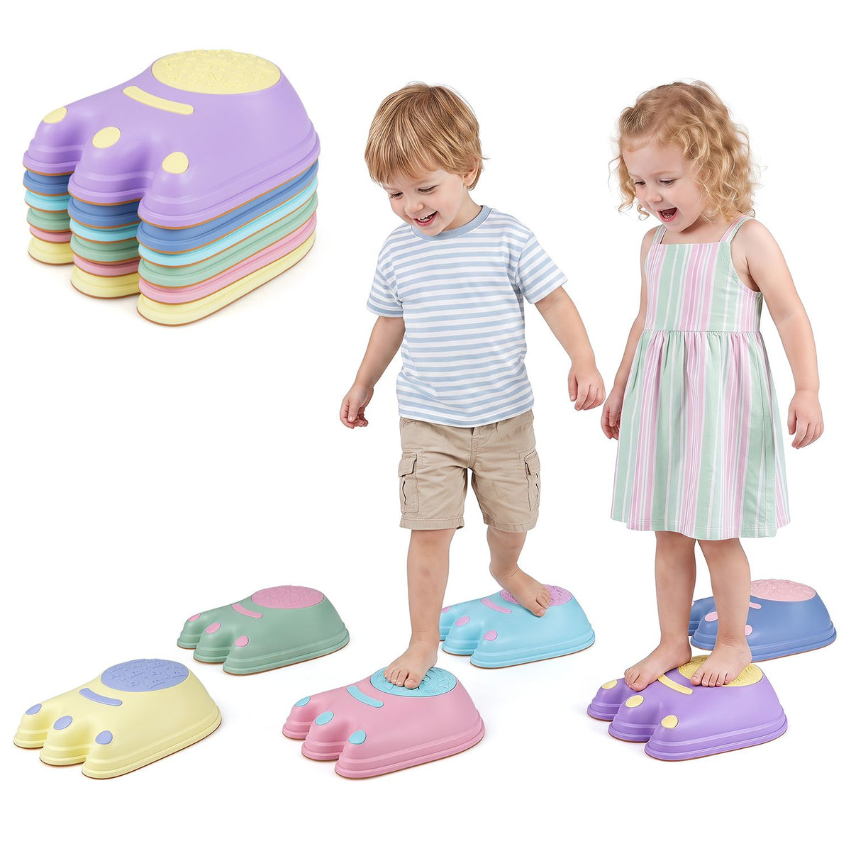 Two children stand on colorful monster stones beside a stack of matching stones.