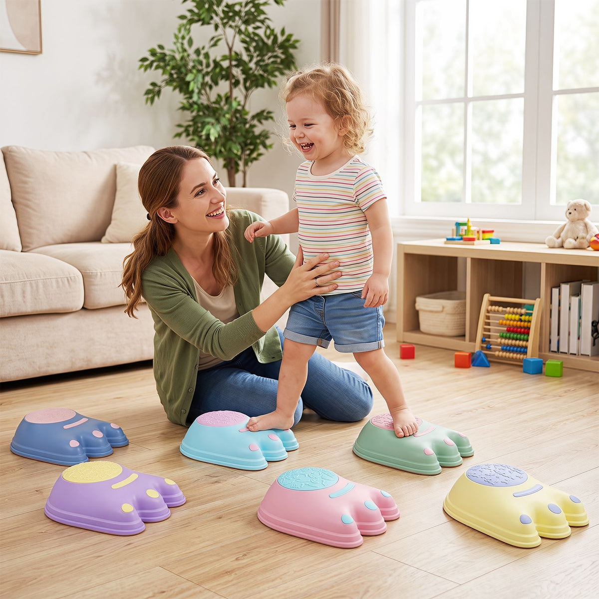 A toddler balances on a colorful monster stone while a woman steadies her in a playroom.