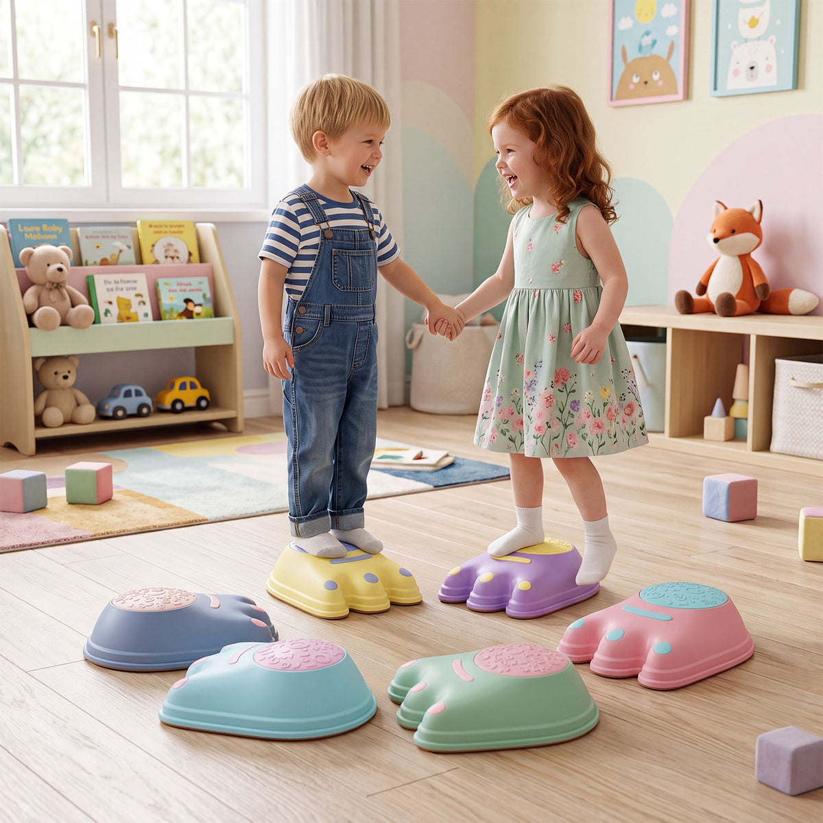 Two children stand on colorful monster-shaped stepping stones in a playroom, with four more stones arranged in front.