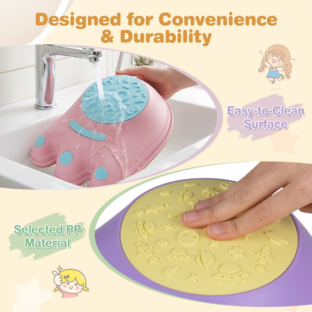 A pink stepping stone is rinsed under a faucet, alongside a close-up of a hand pressing its textured top.