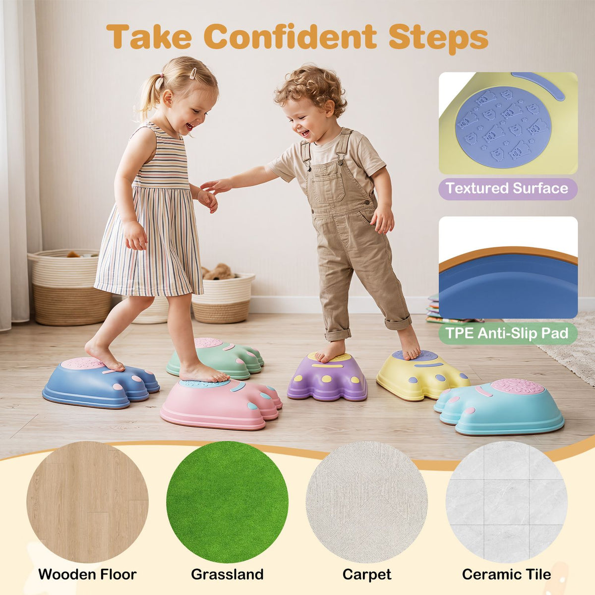 Two children step across colorful stones; inset close-ups show a textured top and the layered underside.