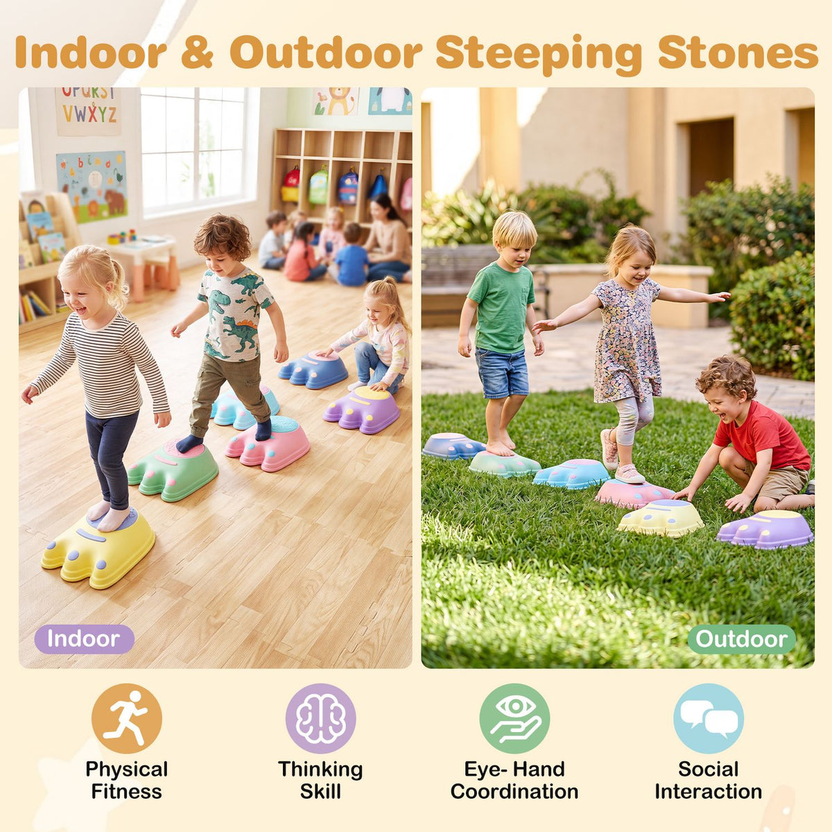 Children play on colorful stepping stones in a bright classroom and on a grassy lawn.