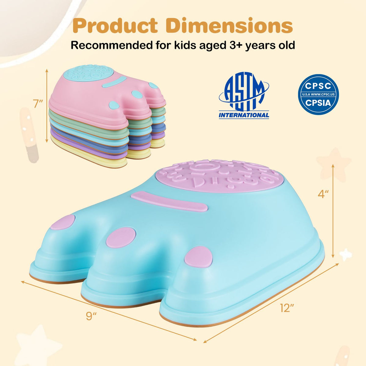 A blue monster-shaped stepping stone and a stack of stones are shown with measurement arrows.