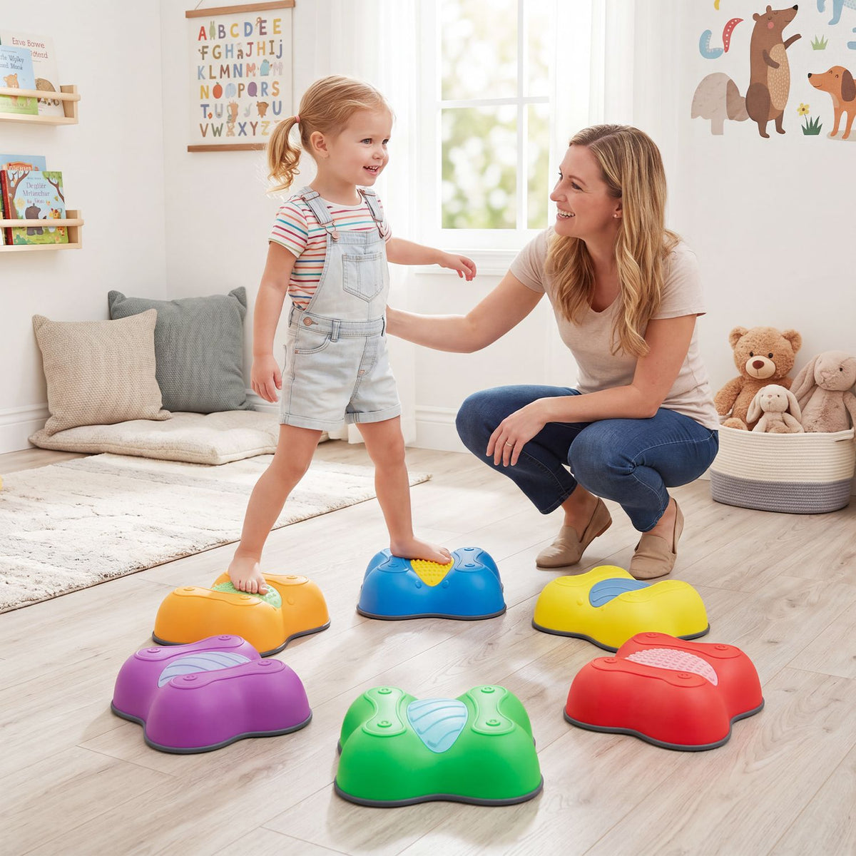 A child balances on a blue stepping stone while a woman crouches beside six colorful stones.