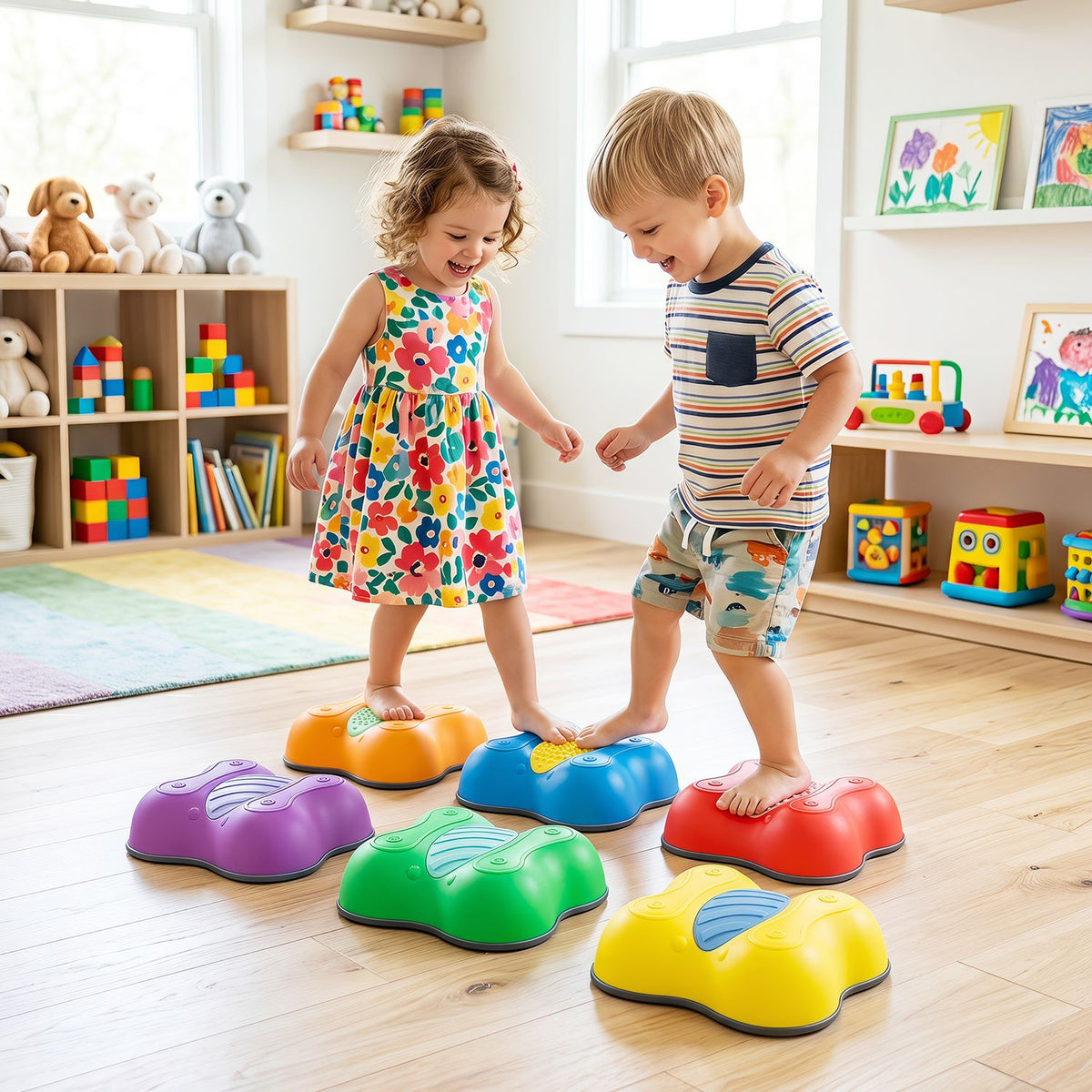 Two children balance on colorful butterfly-shaped stepping stones in a bright playroom.