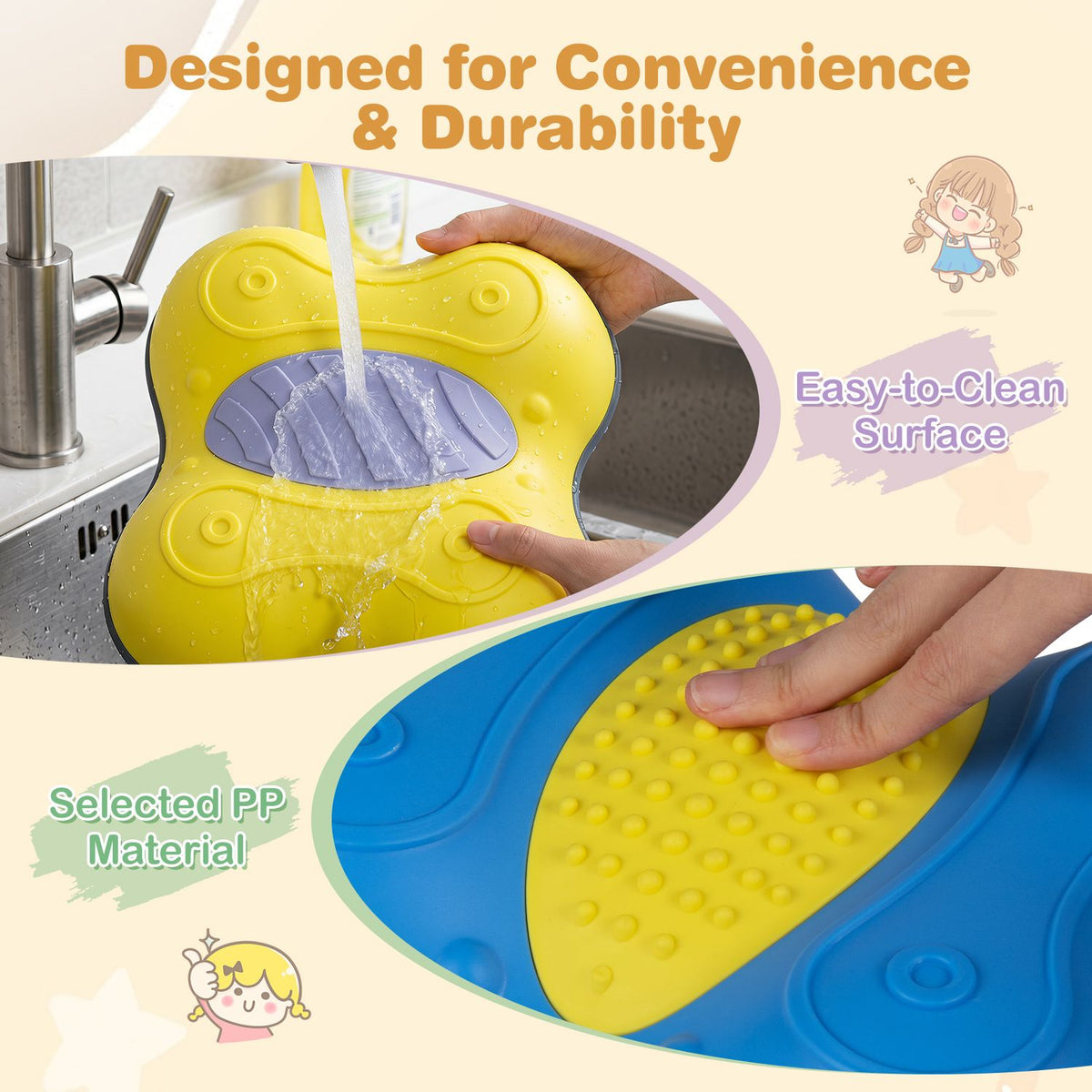 A yellow stepping stone is rinsed in a sink, with a close-up of its textured center.