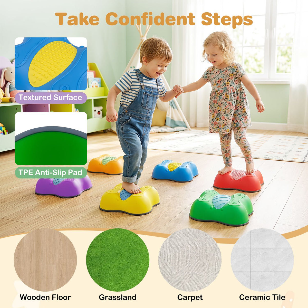 Children step across colorful stones indoors, alongside close-ups of the textured surface and underside.