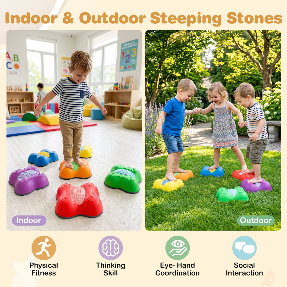 Children play with colorful stepping stones in a classroom and on a grassy lawn.