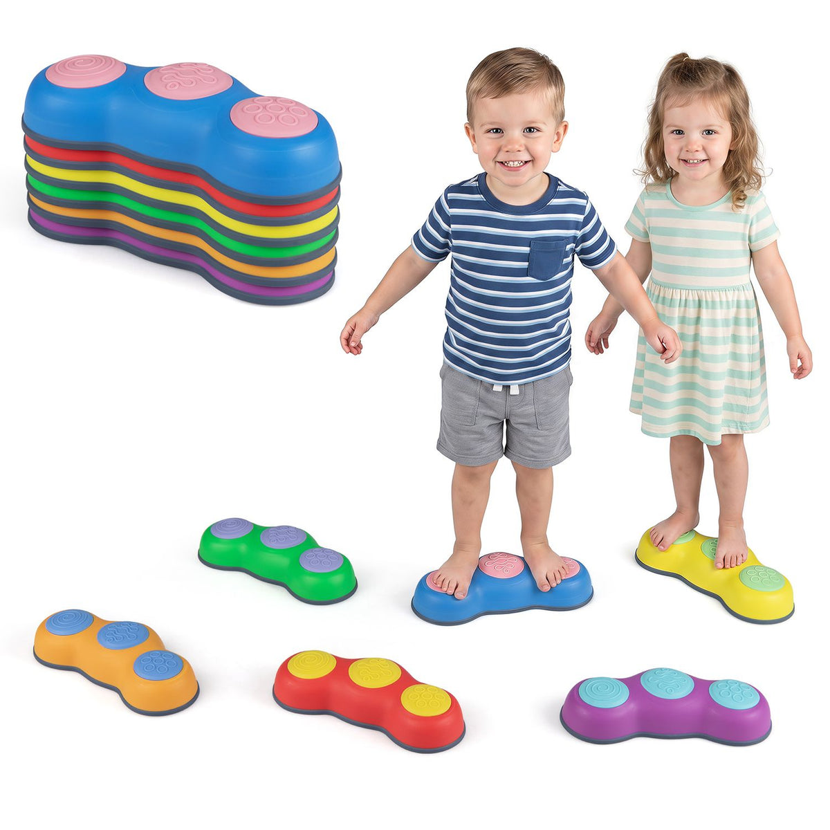 Children stand on colorful stepping stones beside a stack and several loose stones against a white background.