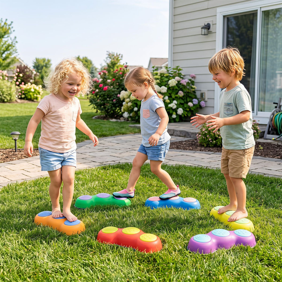 Three children balance on colorful peanut-shaped stepping stones in a sunny backyard.