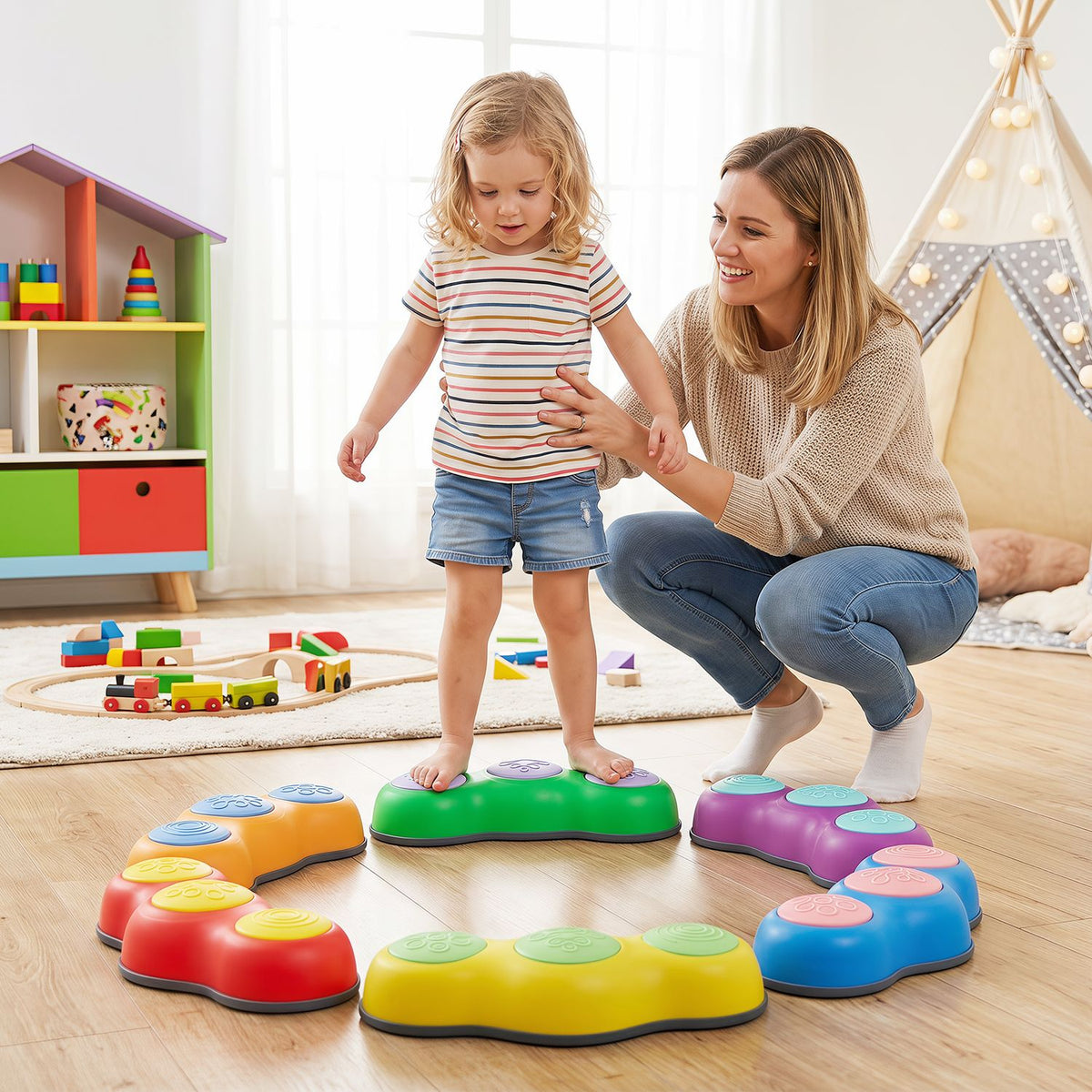 A child steps across colorful peanut-shaped stones while an adult supports her in a playroom.
