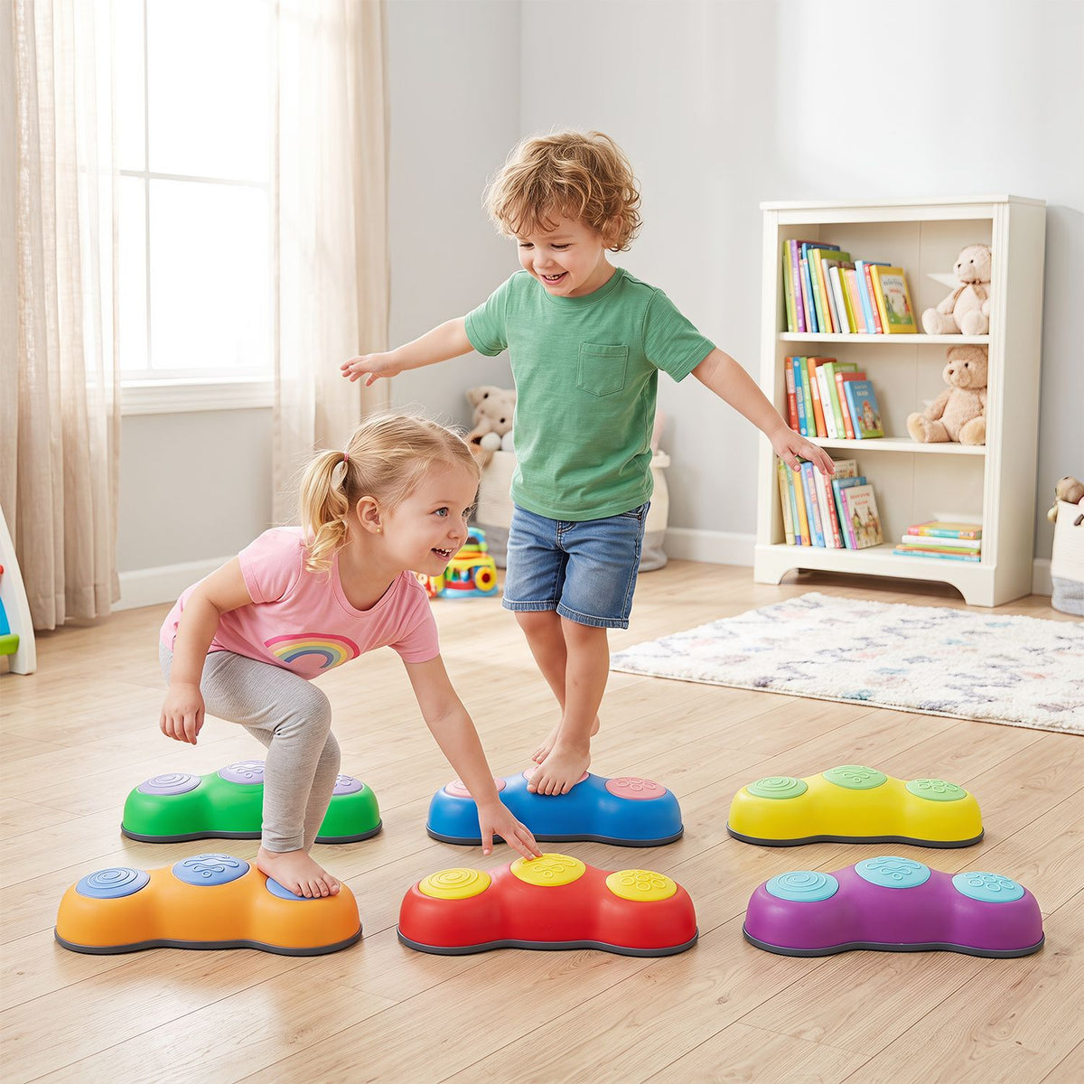 Two children balance on colorful peanut-shaped stepping stones in a bright playroom.
