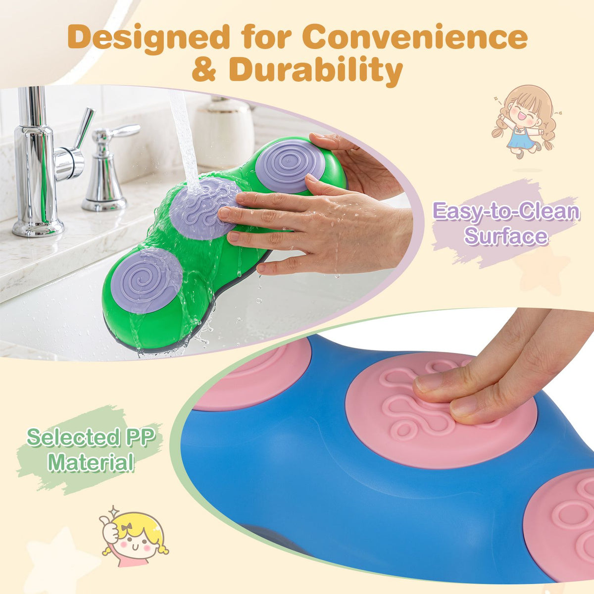 Close-ups show a hand washing a green stepping stone and pressing a textured pad on a blue one.