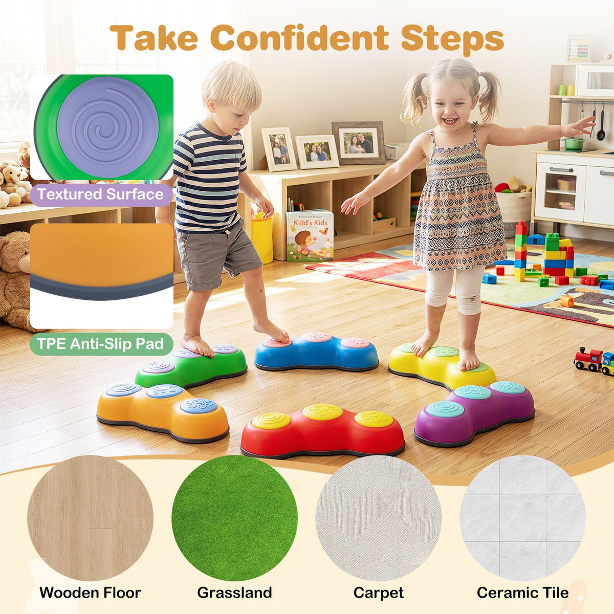 Children step across colorful stones indoors, with close-ups of the textured tops and underside.