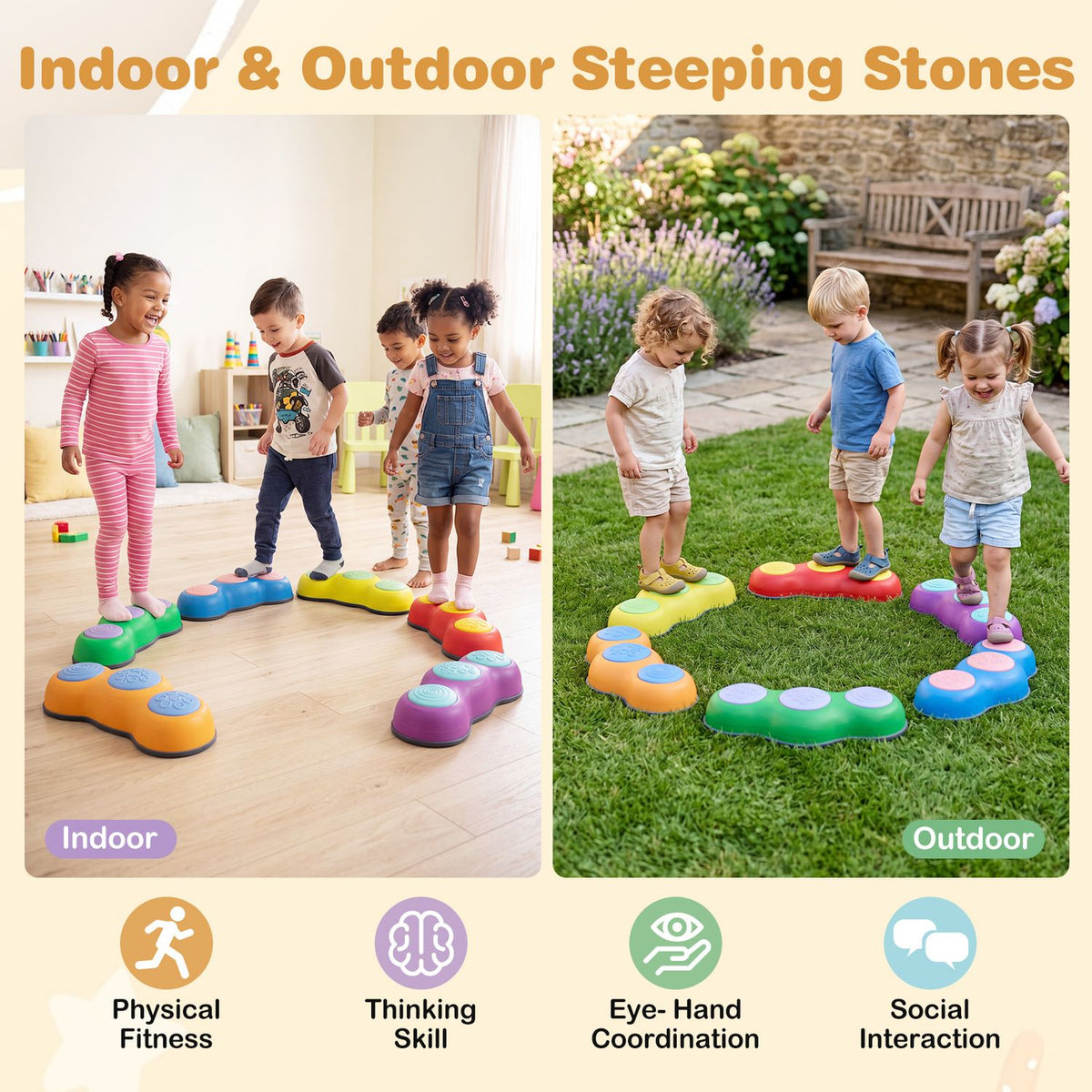 Children use colorful stepping stones in a playroom and on grass in a garden.