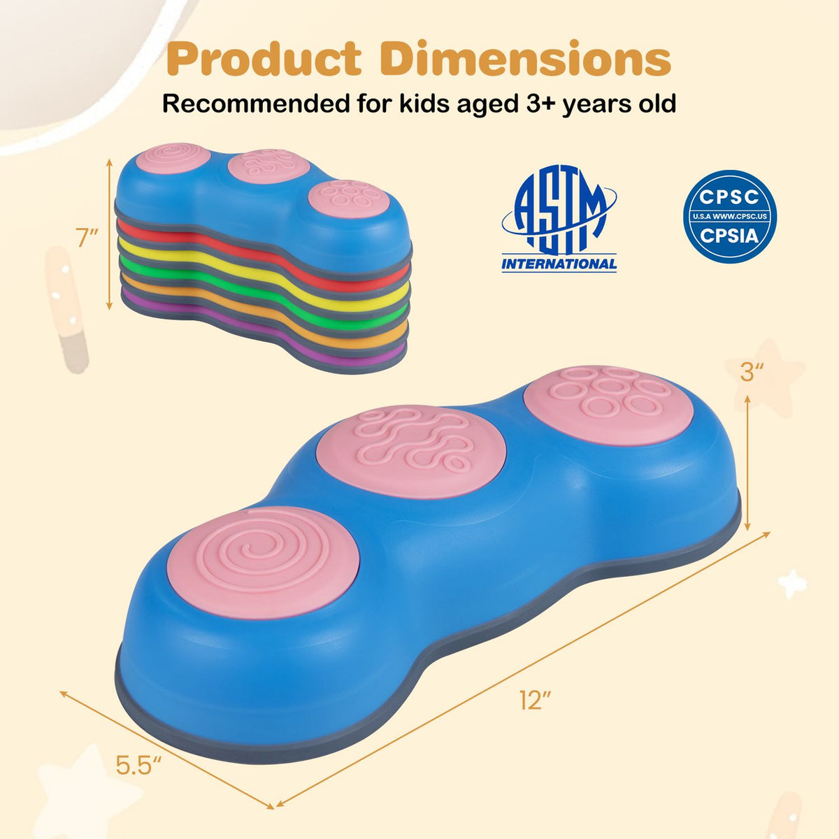 A blue peanut-shaped stepping stone is shown from above at an angle with measurement arrows and a stacked view.