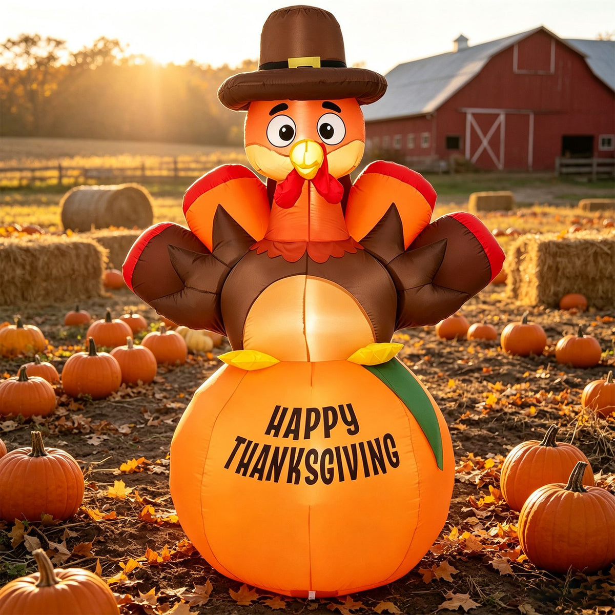 Colorful Thanksgiving turkey inflatable in a pumpkin-filled autumn yard at sunset