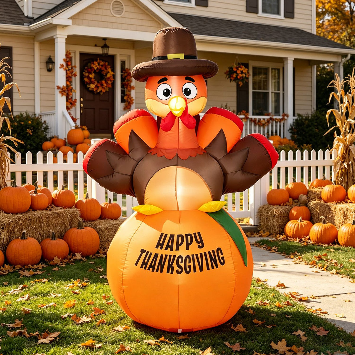 Thanksgiving turkey inflatable on a lawn in front of a home with autumn decorations