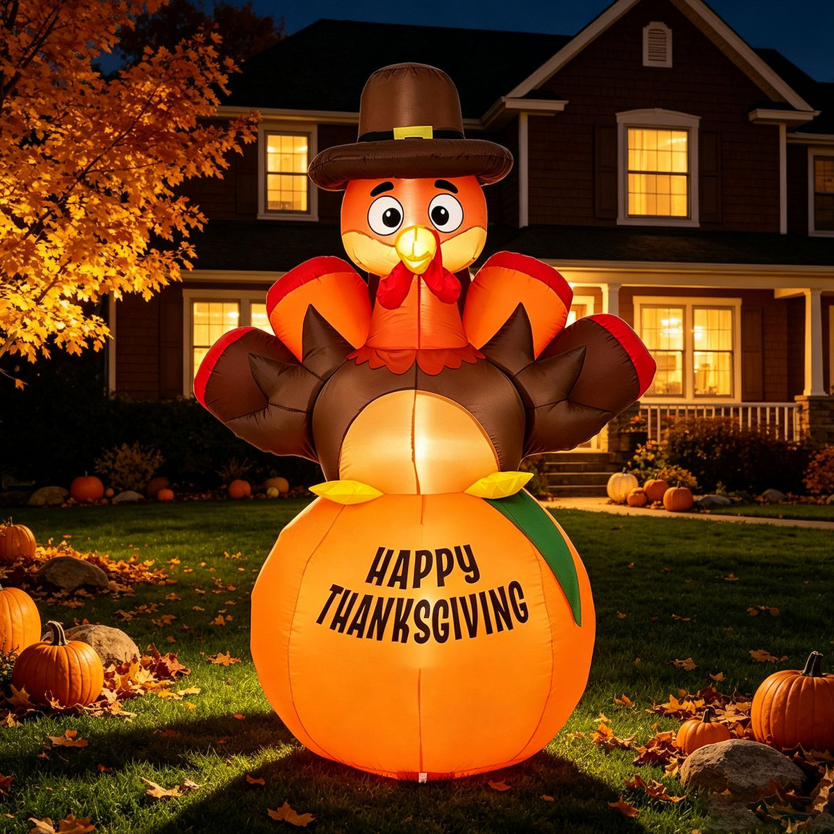 Thanksgiving turkey inflatable displayed at night in front of an illuminated house
