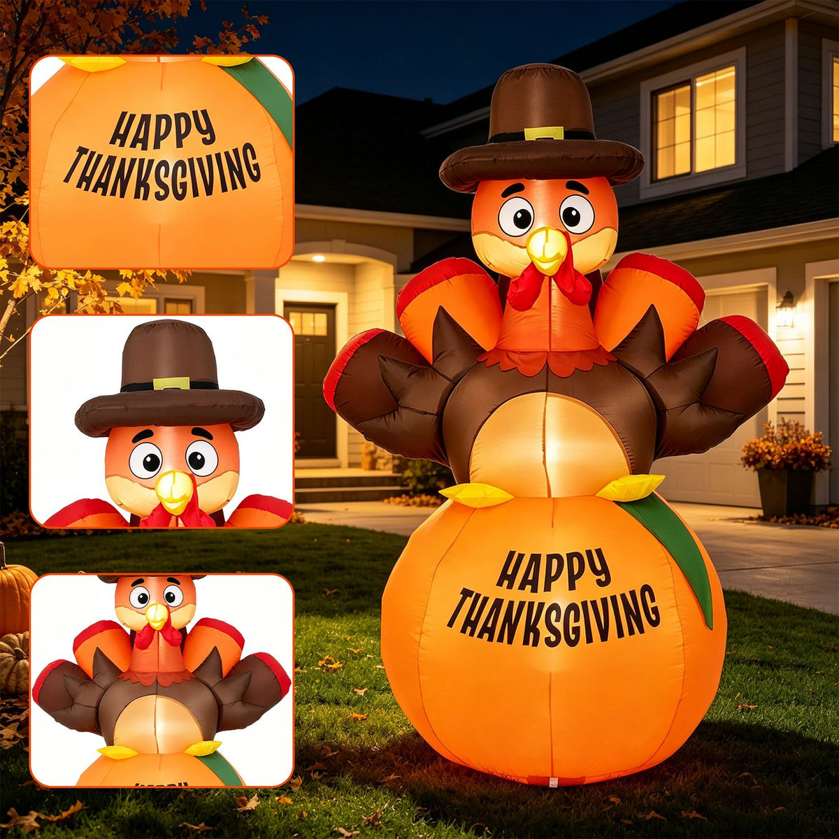 Nighttime view of the Thanksgiving turkey inflatable with detail insets