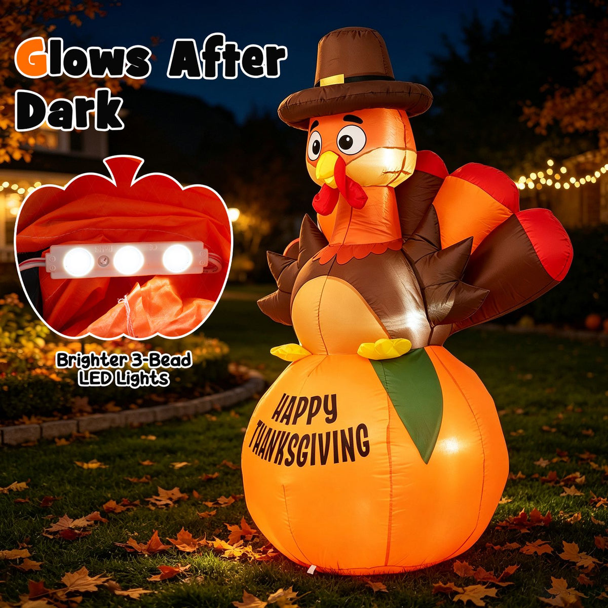 Glowing inflatable turkey shown from the side, with an inset showing lights inside its fabric.
