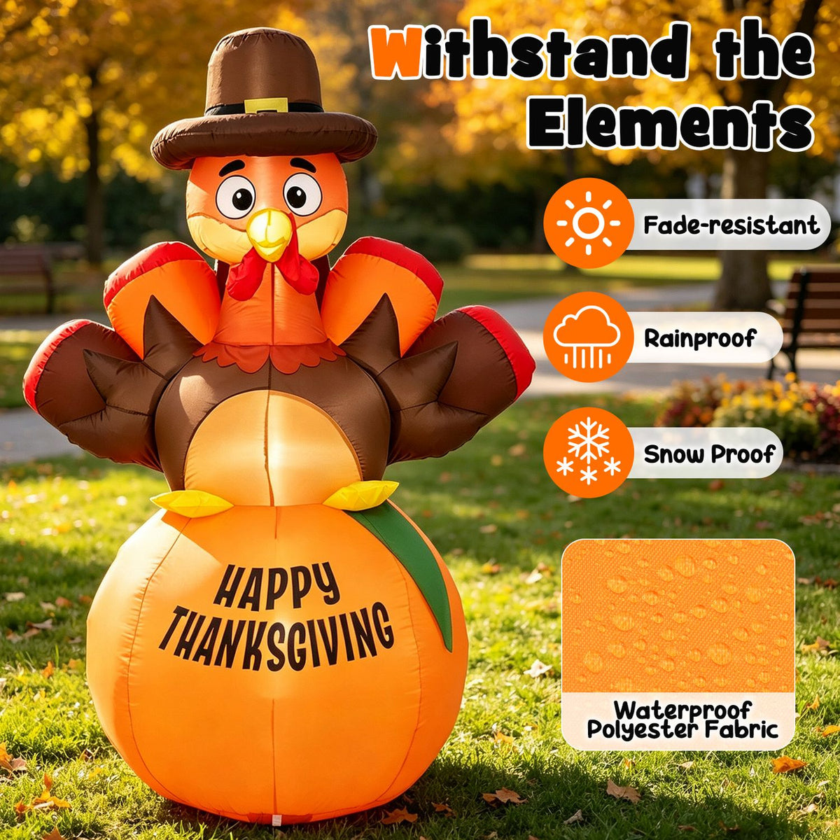 Inflatable turkey stands in a sunny autumn yard beside weather-related icons and a fabric close-up.