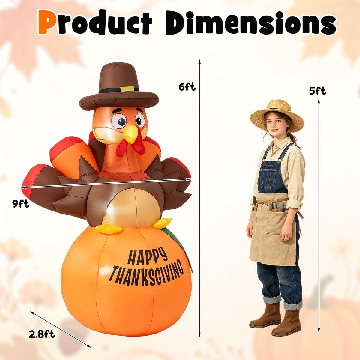 Thanksgiving turkey inflatable beside a person in a product-dimensions graphic