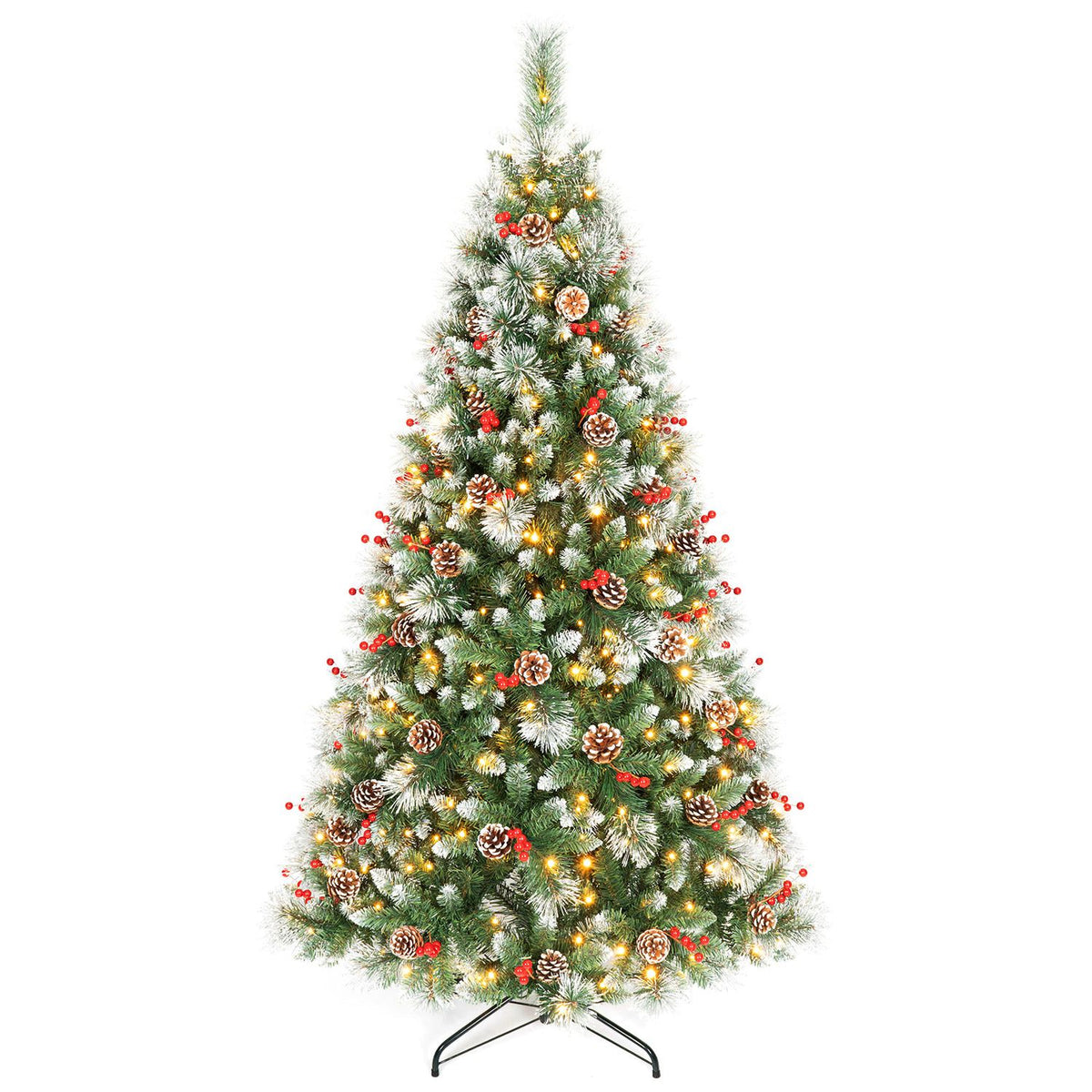 Snow-dusted Christmas tree with warm lights, pine cones, red berry clusters and a metal stand.