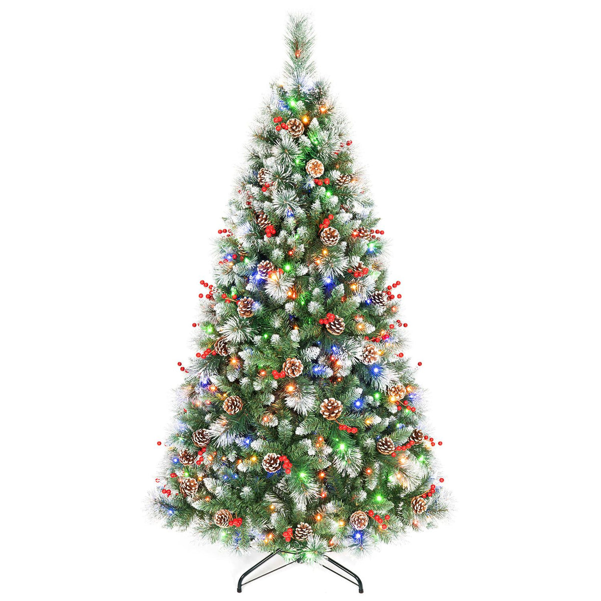 Frosted evergreen tree with pine cones and red berries among glowing warm, blue, green and red lights.
