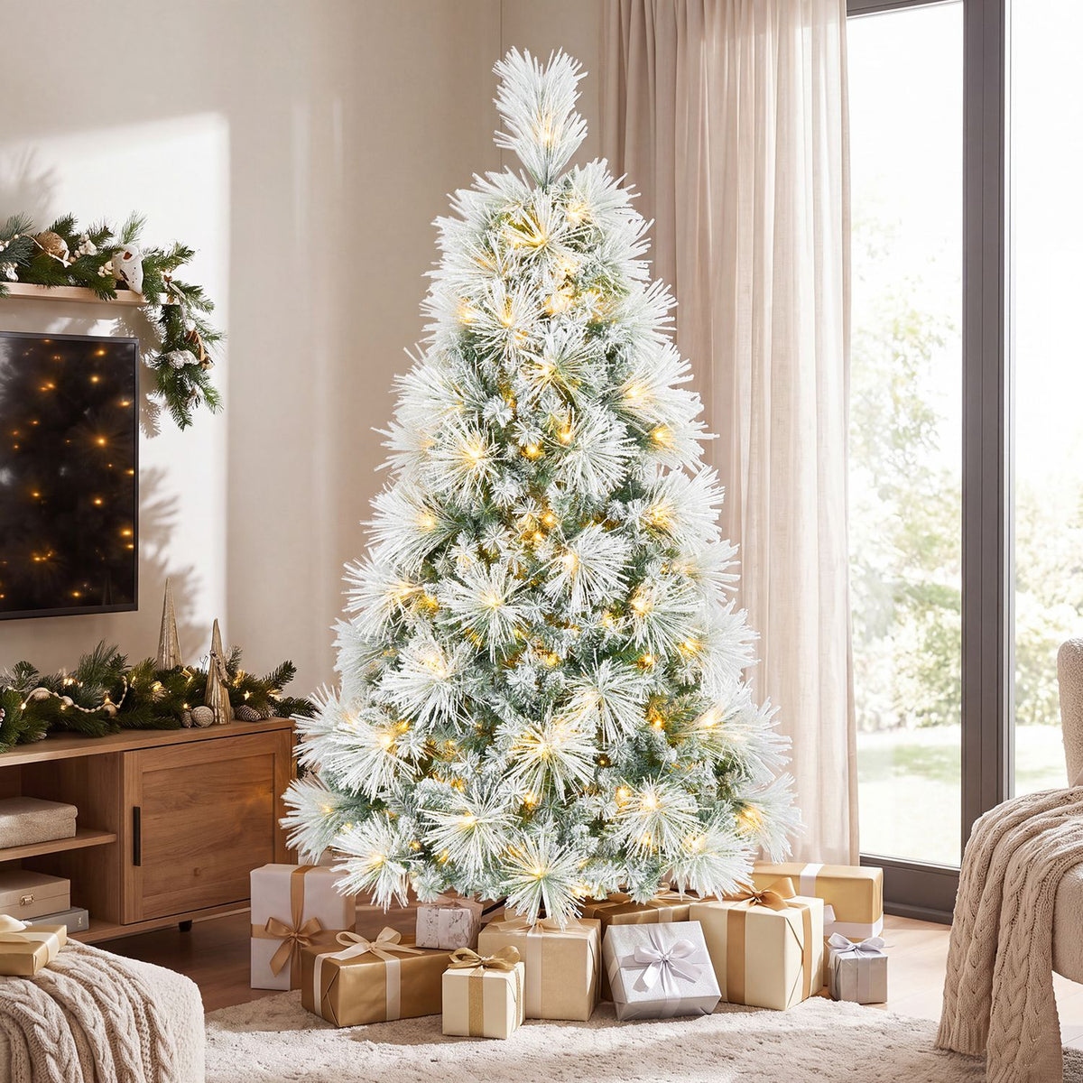 Frosted Christmas tree glowing with warm lights beside a window, with wrapped gifts gathered underneath.